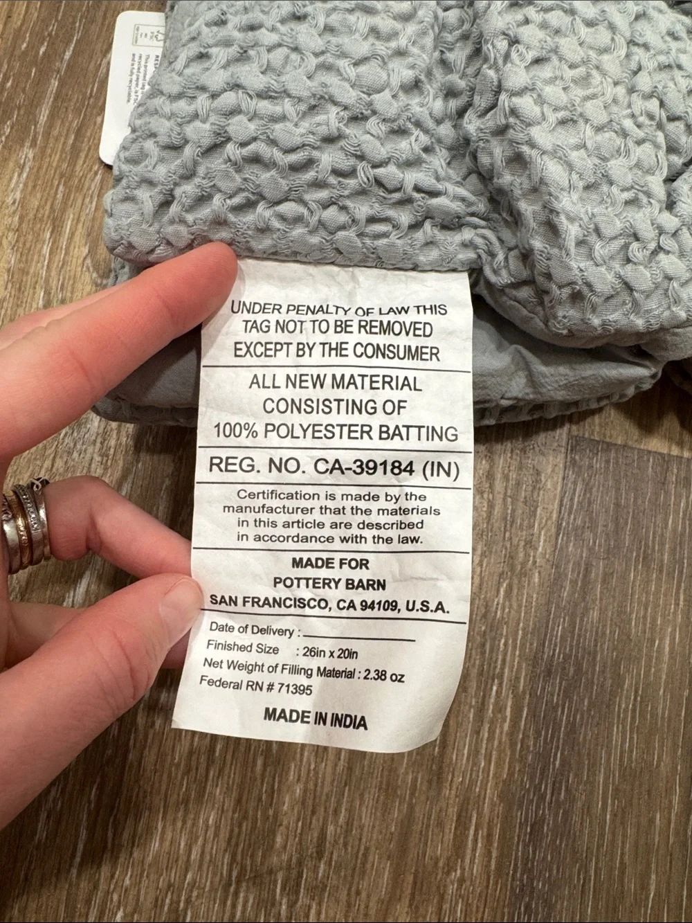 NWT, Pottery Barn- Vintage Washed sham, standard, Cloud Blue